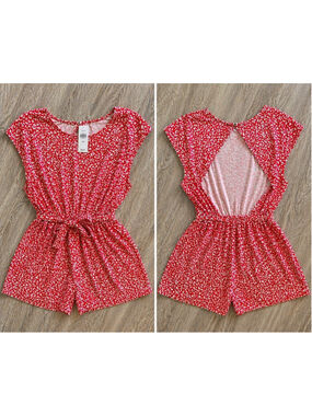 LOFT Red Floral Romper XS Tie Waist Open Back Short Sleeve NWT $89.50